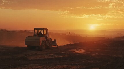 Fototapeta premium Wheel Loader Digging Soil at a Construction Site Against a Sunset Background