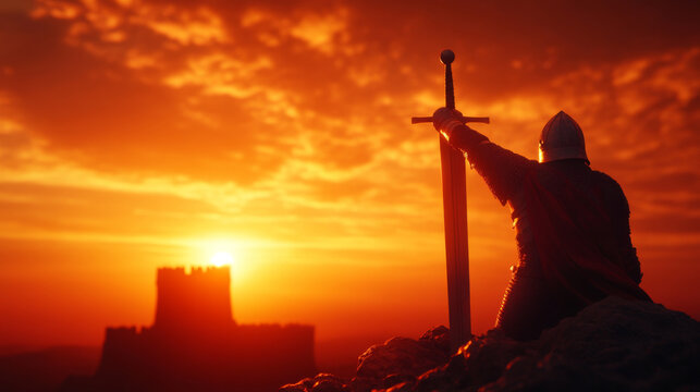 brave knight in heroic pose, silhouetted against sunset, with castle in background