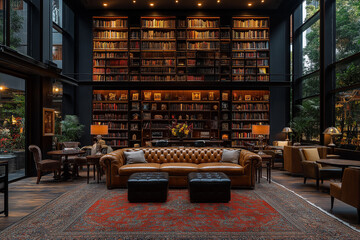 Salle de Séjour Élégante avec Bibliothèque Intégrée, Canapé en Cuir, Tapis Moelleux et Éclairage Doux, Ambiance Confortable et Sophistiquée