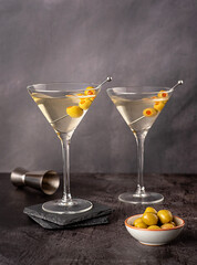 Drink photography of dry martini with olives, alcohol cocktail with gin and vermouth, beverage, celebration, party, event, bar
