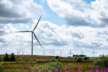 Landscape photography of wind turbines farm; windmills; wind power; power generation; electricity generation,  green energy; Whitelee Windfarm, Scotland