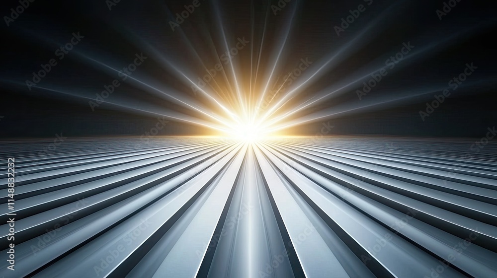 Poster radiant rays emerging from horizon over a metallic surface with lines and reflections creating a str