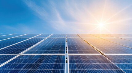 Solar Panels Under Clear Blue Sky with Sunlight in Background, Renewable Energy Technology, Modern Energy System, Clean Power Generation