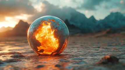 desolate, dry, and burned planet symbolizing the devastating effects of climate change. The cracked earth and lack of water represent environmental collapse, chaos, and the urgency of conservation eff