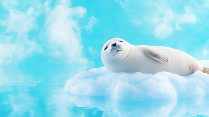 charming Arctic seal basking in sunlight on ice floe, surrounded by serene blue waters and fluffy clouds