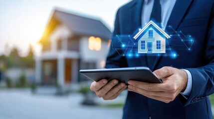 Businessman Using Digital Tablet for Real Estate Solutions with House Icon Overlaid Against a Modern House Background in the Suburb