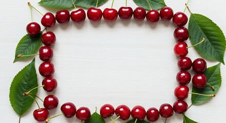 A frame of sweet, juicy cherries and leaves on a white wooden table, viewed from above. Space for text.