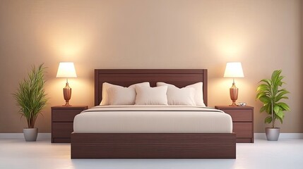 Cozy and Modern Bedroom Interior with Elegant Bed and Stylish Nightstands, Soothing Color Palette and Green Plants, Perfect for Relaxation and Comfort