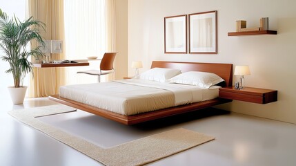 Modern minimalist bedroom interior with floating bed, elegant lighting, wooden furniture, and serene decor creating a calm and inviting atmosphere