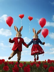 Two bunnies with heart-shaped hearts are jumping across the meadow