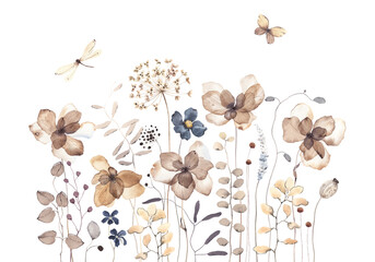 Floral wallpaper with abstract flowers, plants, flying dragonfly and butterfly. Isolated watercolor illustration for invitation or greeting cards, poster or wallpapers, hand drawn decorative print.