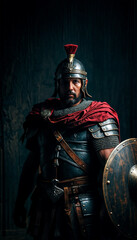 Roman warrior. Ancient Roman legionary in battle armor and helmet