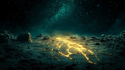 A desolate, dry, and burned planet symbolizing the devastating effects of climate change. The cracked earth and lack of water represent environmental collapse, chaos, and the urgency of conservation e