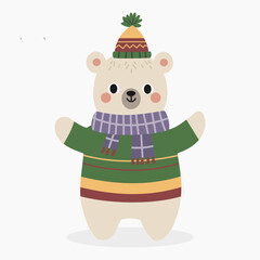 Cute cartoon polar bear wearing a warm scarf, beanie and colorful sweater vector illustration isolated on white background