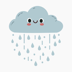 Cute smiling cartoon rainy cloud vector illustration isolated on white background