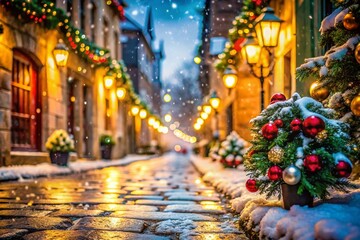 Fototapeta premium Christmas Snowfall on Cobblestone Street - Festive Winter Scene