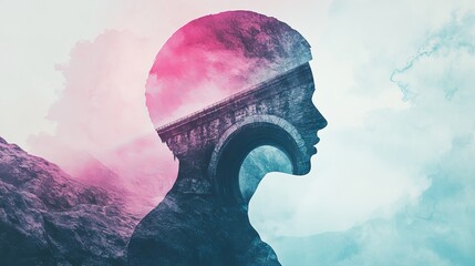 Watercolor Double Exposure Portrait of an Indian Engineer with Mountain Tunnel Construction