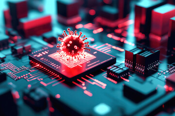 Advanced and smart digital virus spreads across a CPU, threatening to infect other computers and highlighting the harm and risk posed by sophisticated cyber threats in the digital AI tech enabled age.