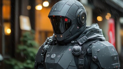 Futuristic Armored Soldier Standing in Snow