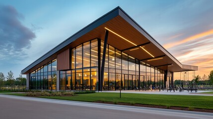 Obraz premium Modern architectural design of a large building with glass walls and wooden accents against a vibrant sunset sky illuminating the landscape
