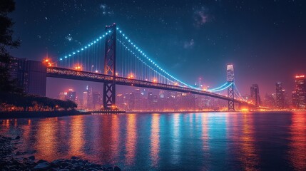 Obraz premium Night cityscape with illuminated bridge and city skyline reflecting on water.