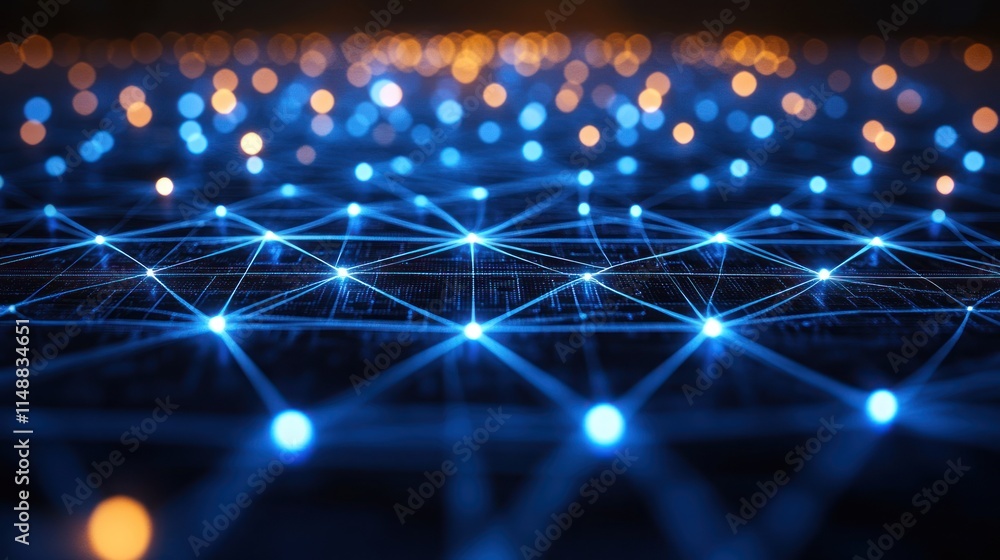 Poster network grid with glowing nodes and connections.