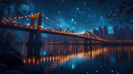 Naklejka premium Illuminated bridge at night with starry sky reflection.