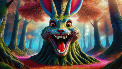 Vibrant surreal forest with a monstrous rabbit emerging from a tree stump