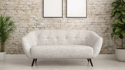 Modern light grey sofa in a minimalist living room with brick wall and plants.