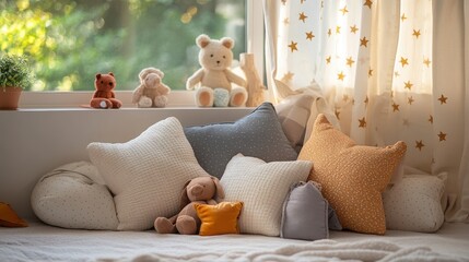 Playful reading corner featuring pillows and plush toys, creating a cozy atmosphere for stories.