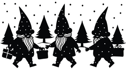 silhouette of Christmas gnomes carrying presents through a snowy forest