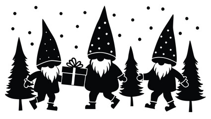 silhouette of Christmas gnomes carrying presents through a snowy forest