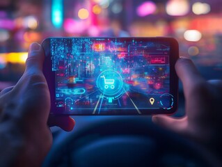 futuristic shopping cart icon displayed on a transparent smart phone screen in a modern setting