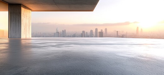 Empty concrete floor with a city skyline in the background, during sunset