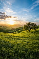Obraz premium Serene sunset landscape over rolling hills nature photography warm atmosphere tranquil viewpoint