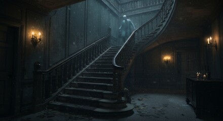 A haunted mansion&rsquo;s grand staircase, with a ghostly figure descending.