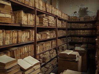 Obraz premium Antique books on wooden shelves, creating an atmosphere of history, knowledge, and the passage of time