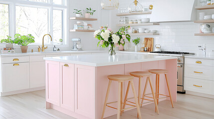 Fototapeta premium Contemporary kitchen featuring a soft pink island with white cabinets and gold hardware, styled for a chic aesthetic. 