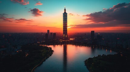 Naklejka premium Sunset cityscape with skyscraper reflecting in water.