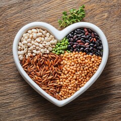 Fototapeta premium Heart-shaped bowl of whole grains and legumes on community kitchen table warm and inviting atmosphere