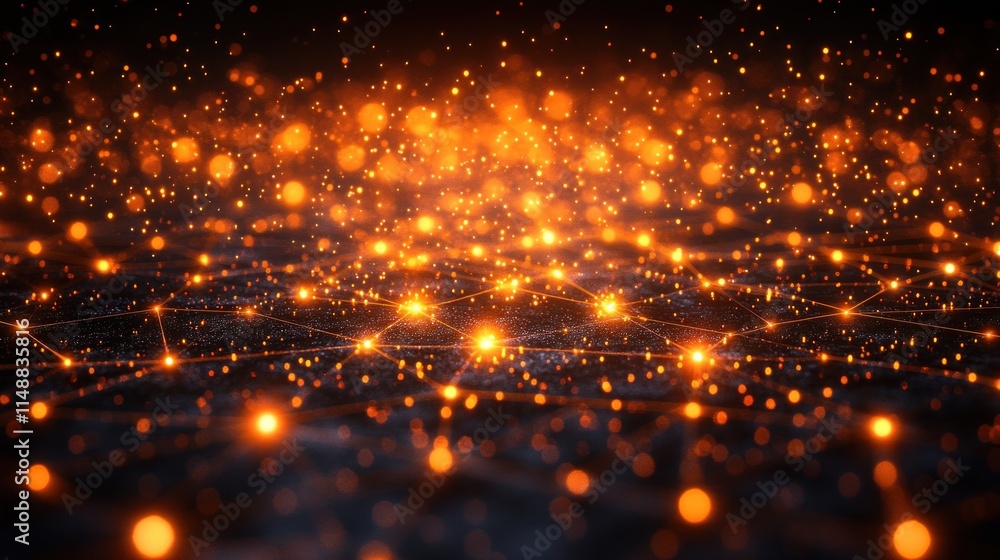 Poster orange bokeh lights over dark network connection.