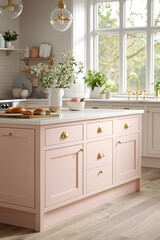 Contemporary kitchen featuring a soft pink island with white cabinets and gold hardware, styled for a chic aesthetic.
