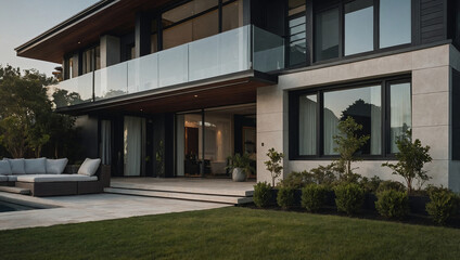Obraz premium Contemporary light-grey house with large windows, a glass balcony, and outdoor seating near a pool. Landscaping includes manicured hedges and grass. The house features dark-framed windows and doors.