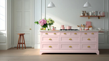 Contemporary kitchen featuring a soft pink island with white cabinets and gold hardware, styled for a chic aesthetic.

