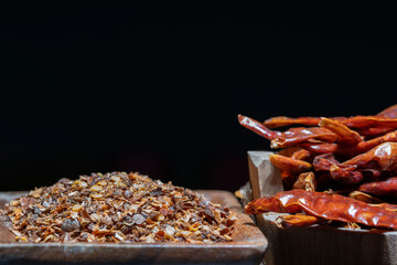 Dried Red Hot Peppers and Flaked Peppers On a Turntable