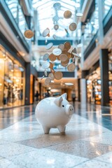 Obraz premium Coins falling into piggy bank amidst bustling market vibrant shopping mall financial growth concept
