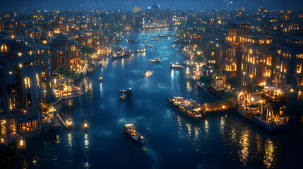 Fototapeta premium Night Cityscape Illuminated Canals Venetian Style Architecture