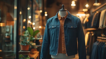 Obraz premium Realistic jacket mockup on a mannequin, set in a chic urban environment, highlighting street style and fashion.