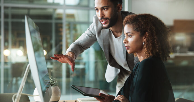 Computer, coaching team and help business people, planning or mentor brainstorming ideas in office. Collaboration, intern or discussion with project manager on tablet for solution, advice or training