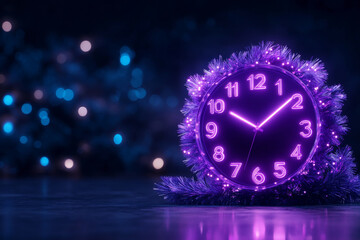 Fototapeta premium conceptual New Year clock adorned with purple lights and tinsel, symbolizing celebration and joy
